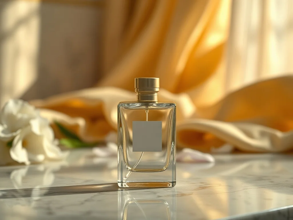 Elegancki flakon perfum La Rive Her Choice na marmurowym blacie w otoczeniu białych kwiatów i złotego materiału.