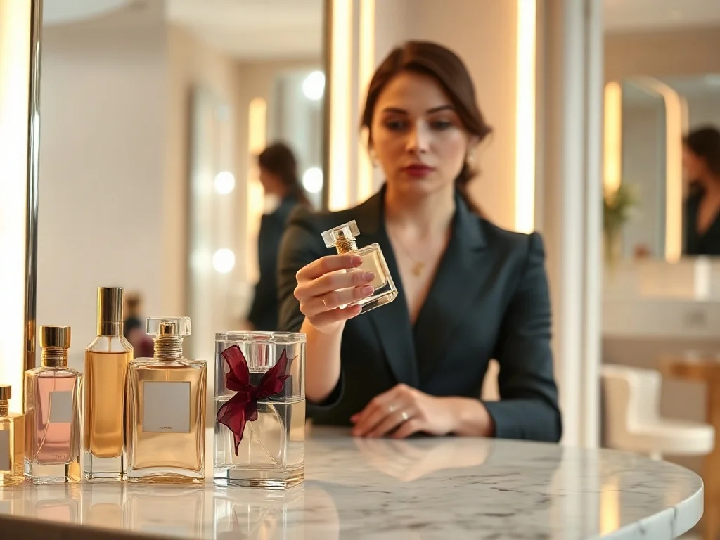 Elegancka kobieta rozpylająca perfumy Carolina Herrera w luksusowej garderobie.