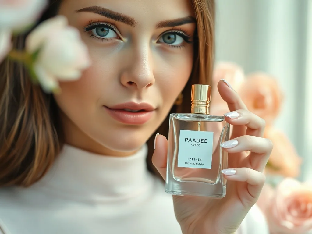 Elegancka kobieta trzymająca minimalistyczny flakon perfum w otoczeniu kwiatów, utrzymana w pastelowej, kobiecej estetyce.