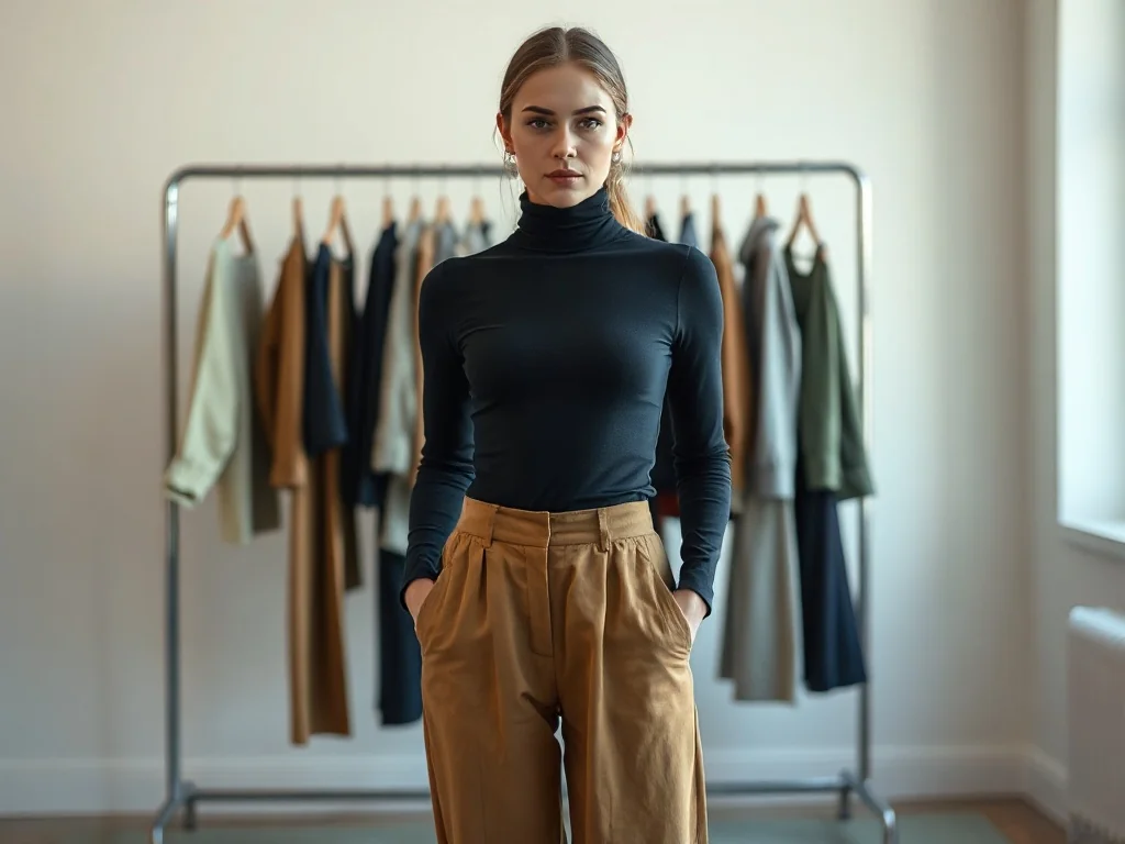 Stylowa kobieta w szerokich spodniach i dopasowanym golfie, prezentująca modną stylizację w minimalistycznym wnętrzu.