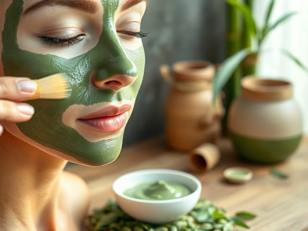 Kobieta nakłada pędzlem kremową maskę z zielonej herbaty na twarz w relaksującym otoczeniu w stylu spa.