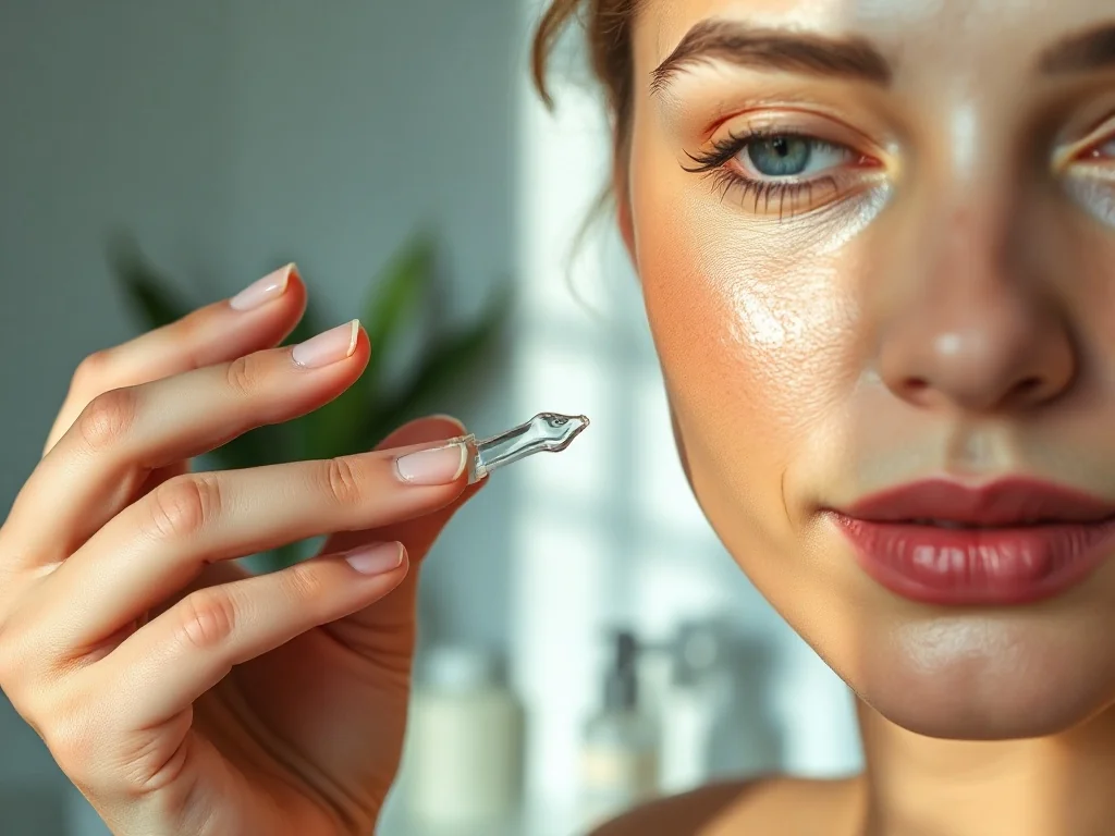 Kobieta nakłada delikatne serum na nawilżoną skórę twarzy w jasnej, minimalistycznej łazience.