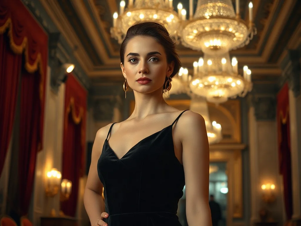 Elegancka kobieta w aksamitnej sukni w foyer zabytkowego teatru. Stylizacja idealna na wieczorowe wyjście na komedię.