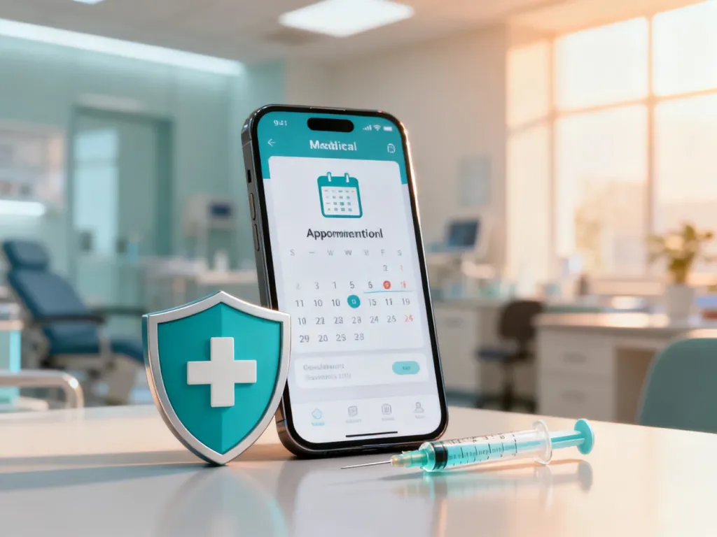 Smartfon z otwartą aplikacją do umawiania wizyt lekarskich oraz ikona tarczy symbolizująca ochronę szczepionką HPV.