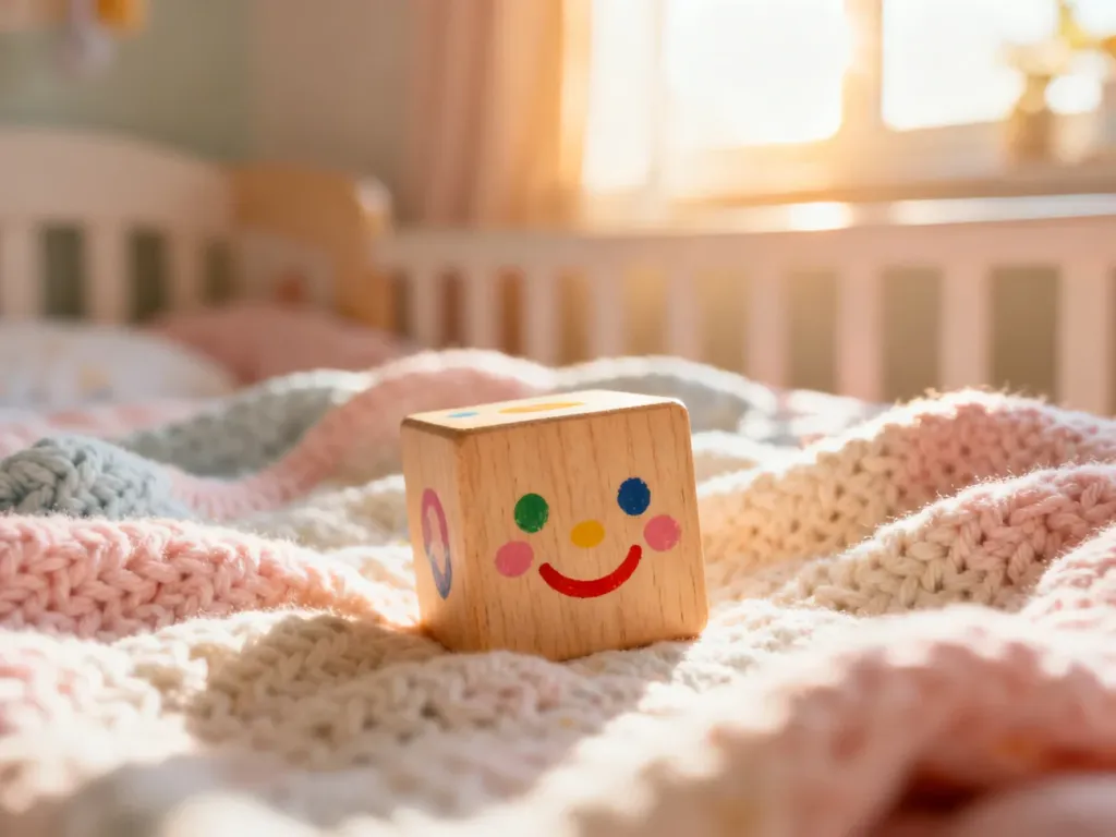 Drewniana zabawka z uśmiechniętą buźką na kocyku, symbolizująca wspieranie rozwoju społecznego i emocjonalnego niemowlęcia.