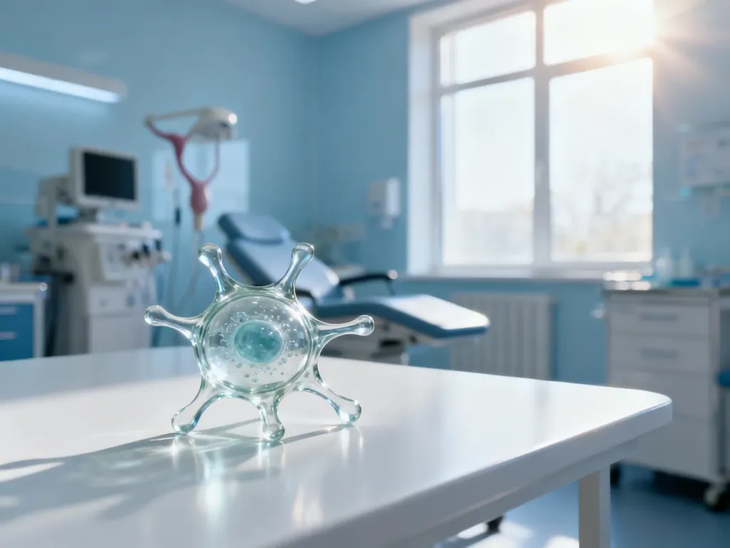 Nowoczesny gabinet ginekologiczny z modelem komórki na stole, symbolizujący profesjonalne podejście do diagnostyki i leczenia.