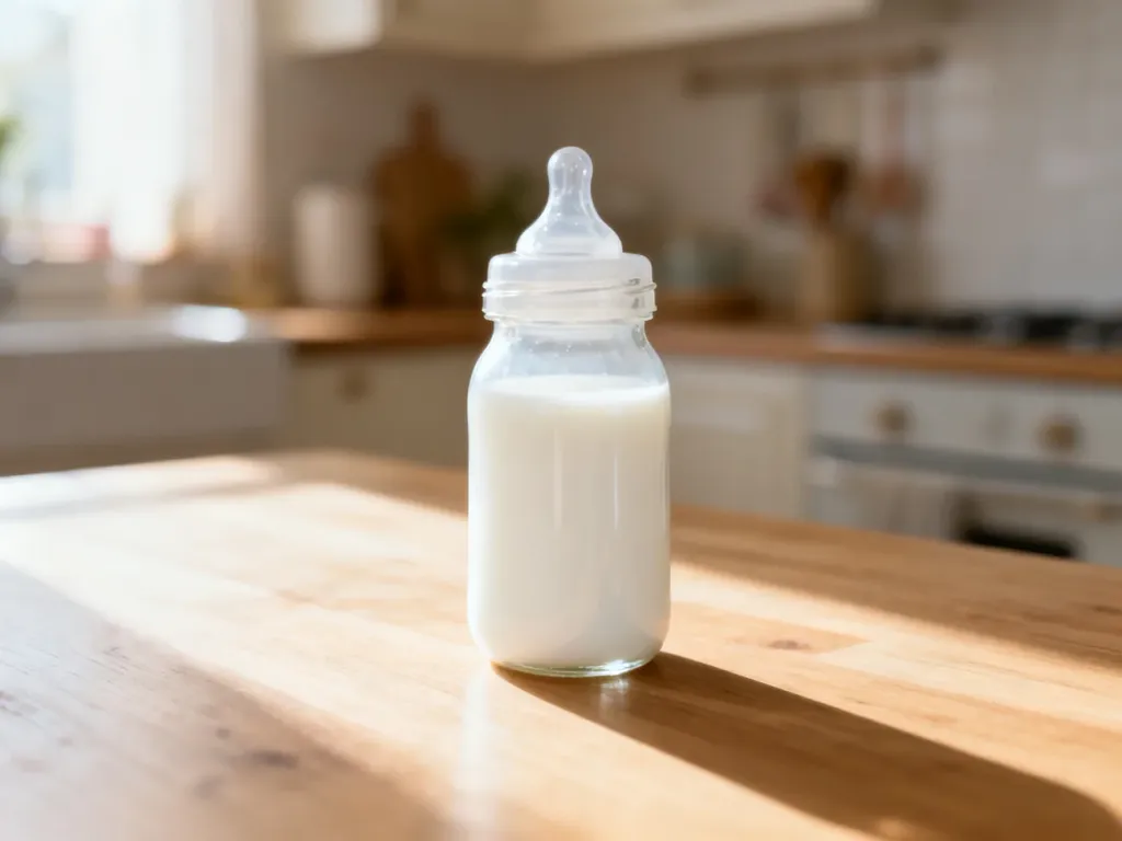 Szklana butelka ze świeżym mlekiem matki ustawiona na drewnianym stole w słonecznej, przytulnej kuchni.