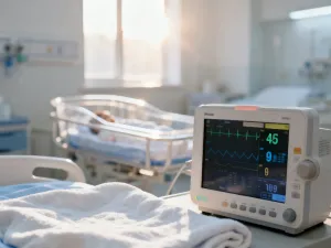 Kolorowa drewniana układanka edukacyjna na miękkim dywanie, wspierająca rozwój poznawczy niemowlęcia w przytulnym pokoju.