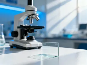 Szklana buteleczka olejku z drzewa herbacianego na marmurowym blacie w otoczeniu świeżych liści i lawendy.