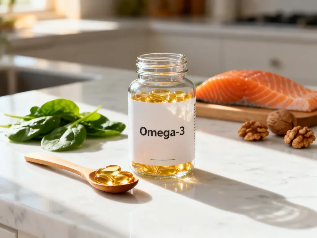 Szklana butelka z kapsułkami omega-3 oraz łyżka z suplementami na marmurowym blacie w otoczeniu zdrowej żywności.
