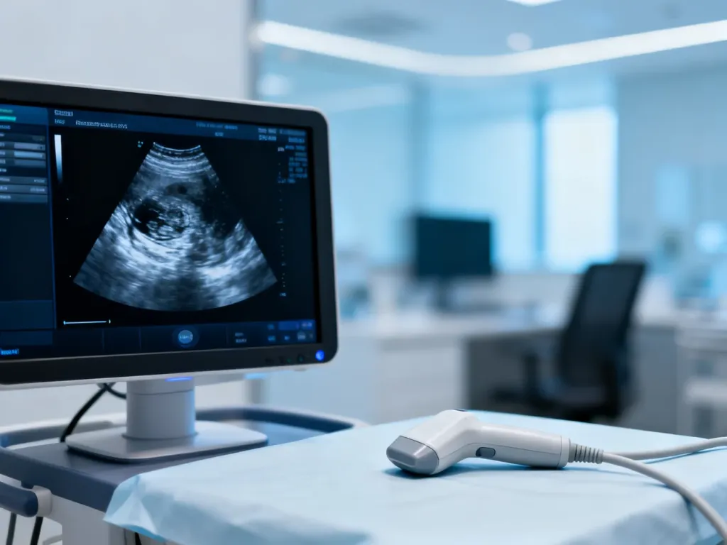 Monitor aparatu USG z widocznym obrazem tkanki piersi oraz głowica diagnostyczna w profesjonalnym gabinecie lekarskim.