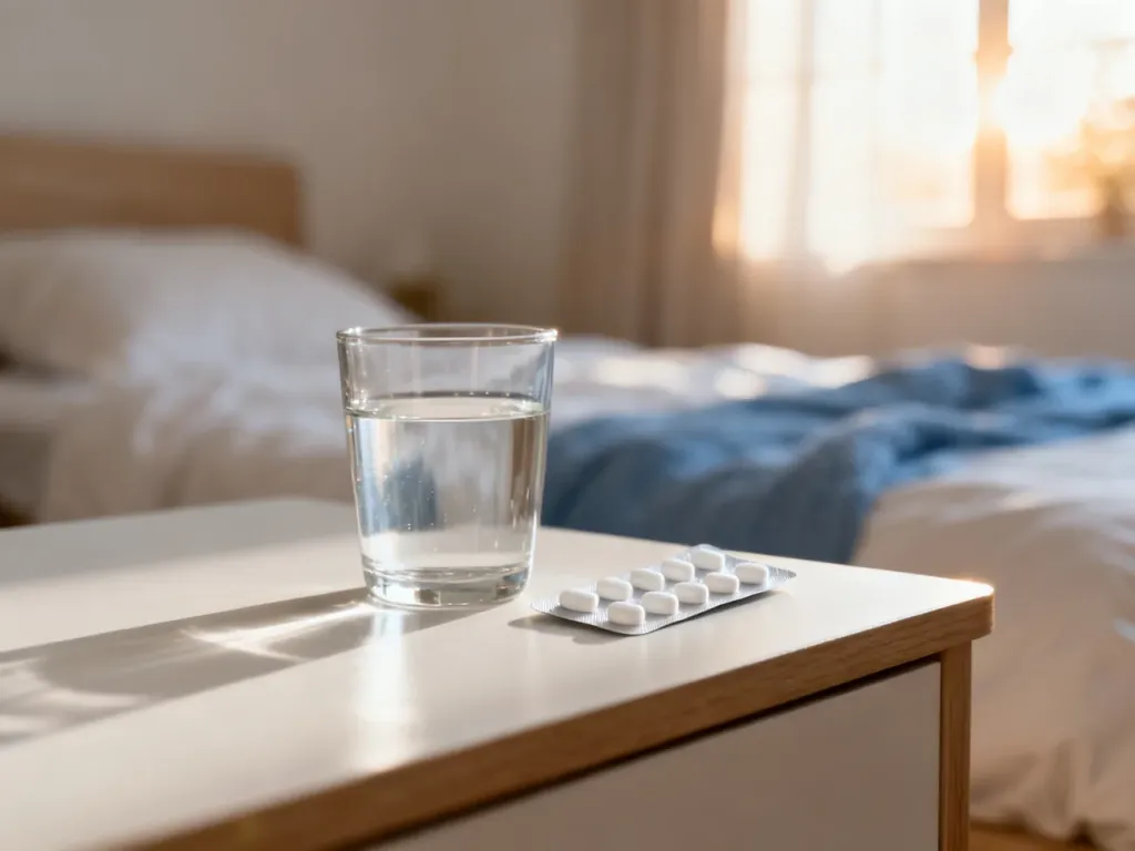 Szklanka wody i opakowanie tabletek przeciwbólowych na drewnianym stoliku nocnym w przytulnej sypialni.