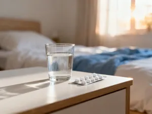Szklanka wody, świeże borówki, orzechy oraz kolorowe kapsułki witaminowe na drewnianym stole w słonecznej kuchni.