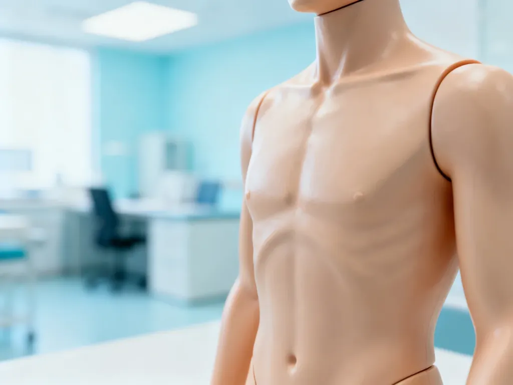 Anatomiczny model kobiecego torsu w profesjonalnym gabinecie lekarskim, służący do nauki samobadania piersi.