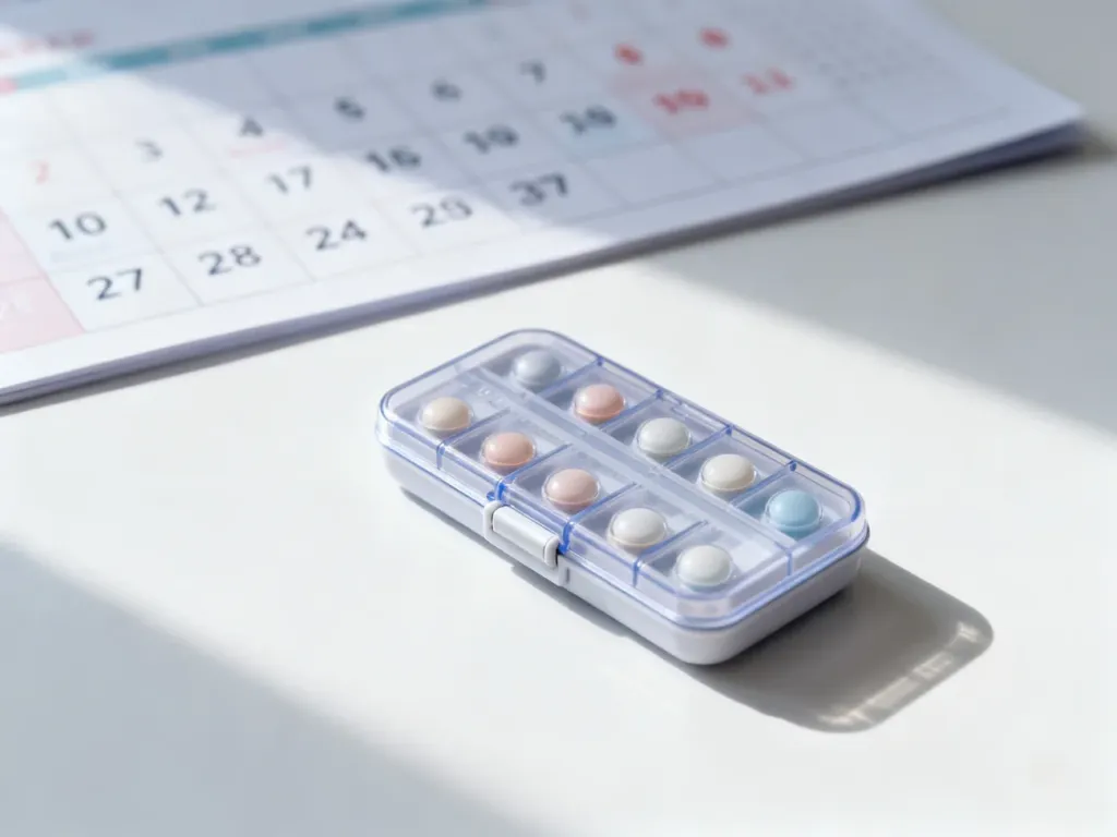 Opakowanie tabletek antykoncepcyjnych na tle kalendarza, symbolizujące monitorowanie cyklu menstruacyjnego.