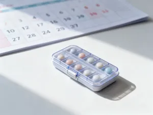 Zestaw suplementów prenatalnych oraz świeże warzywa i owoce na kuchennym blacie, symbolizujące zdrowy styl życia przed ciążą.