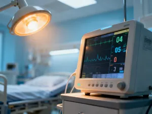 Anatomiczny model tkanki piersi z widocznymi objawami stanu zapalnego w profesjonalnym gabinecie lekarskim.