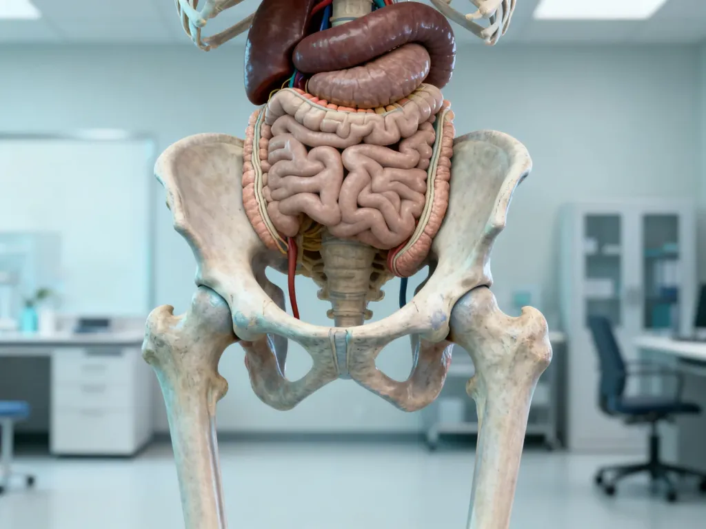 Anatomiczna ilustracja 3D przedstawiająca narządy miednicy mniejszej w celach edukacyjnych.
