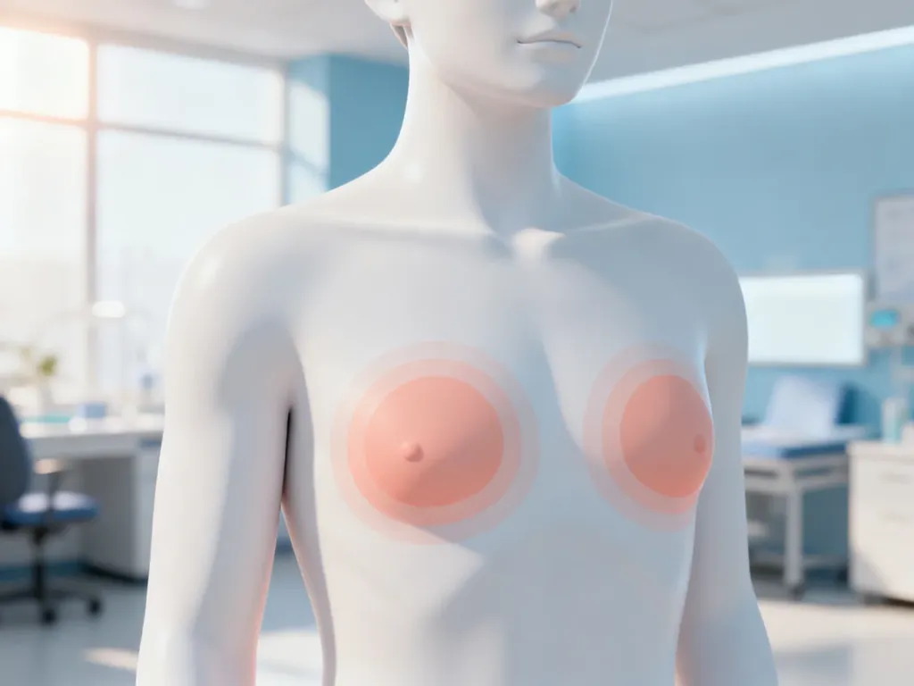 Schematyczny rysunek anatomiczny klatki piersiowej wskazujący obszary, które należy badać podczas samokontroli piersi.