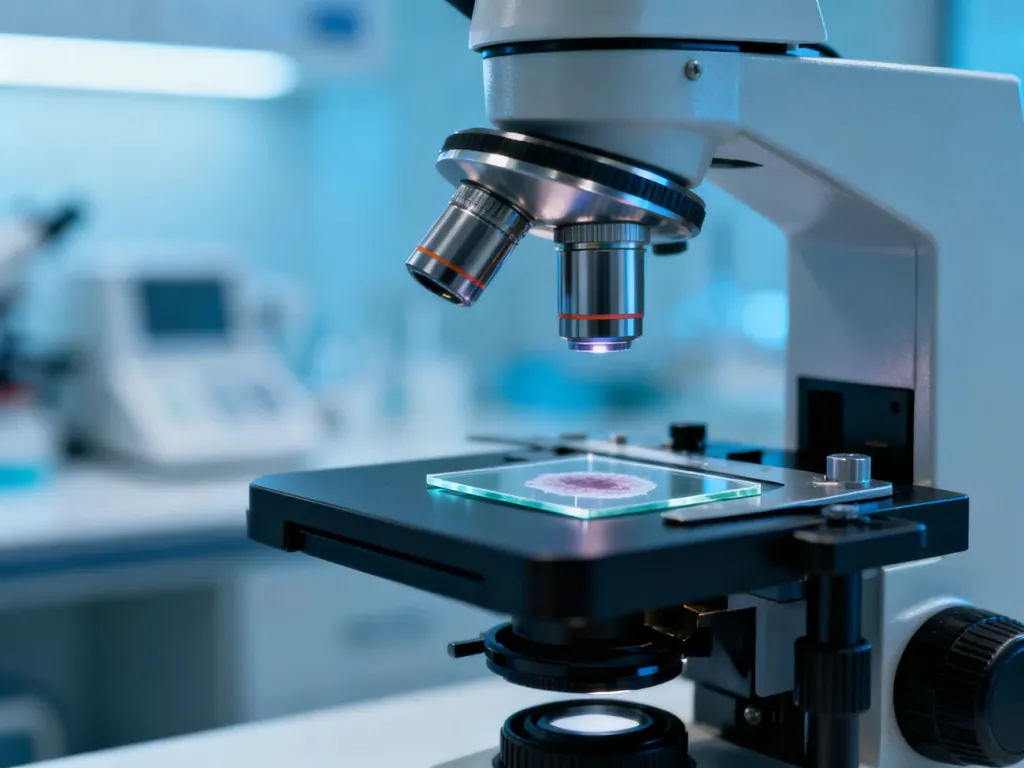 Profesjonalny mikroskop laboratoryjny z próbką biologiczną na szkiełku, gotową do analizy diagnostycznej.