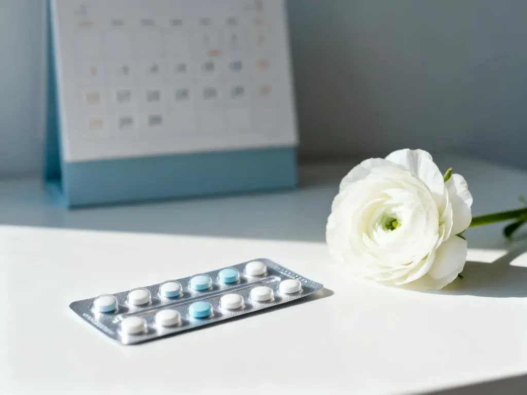 Opakowanie tabletek antykoncepcyjnych obok białego kwiatu i kalendarza, symbolizujące zdrowie hormonalne.