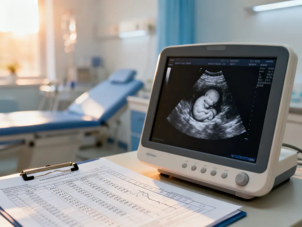 Ekran ultrasonografu z widocznym płodem oraz raport z wynikami badań laboratoryjnych w gabinecie lekarskim.