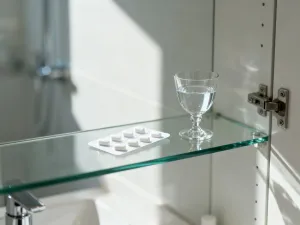 Szklanka wody, miseczka świeżych owoców oraz naturalne suplementy diety na drewnianym stole w słonecznej kuchni.