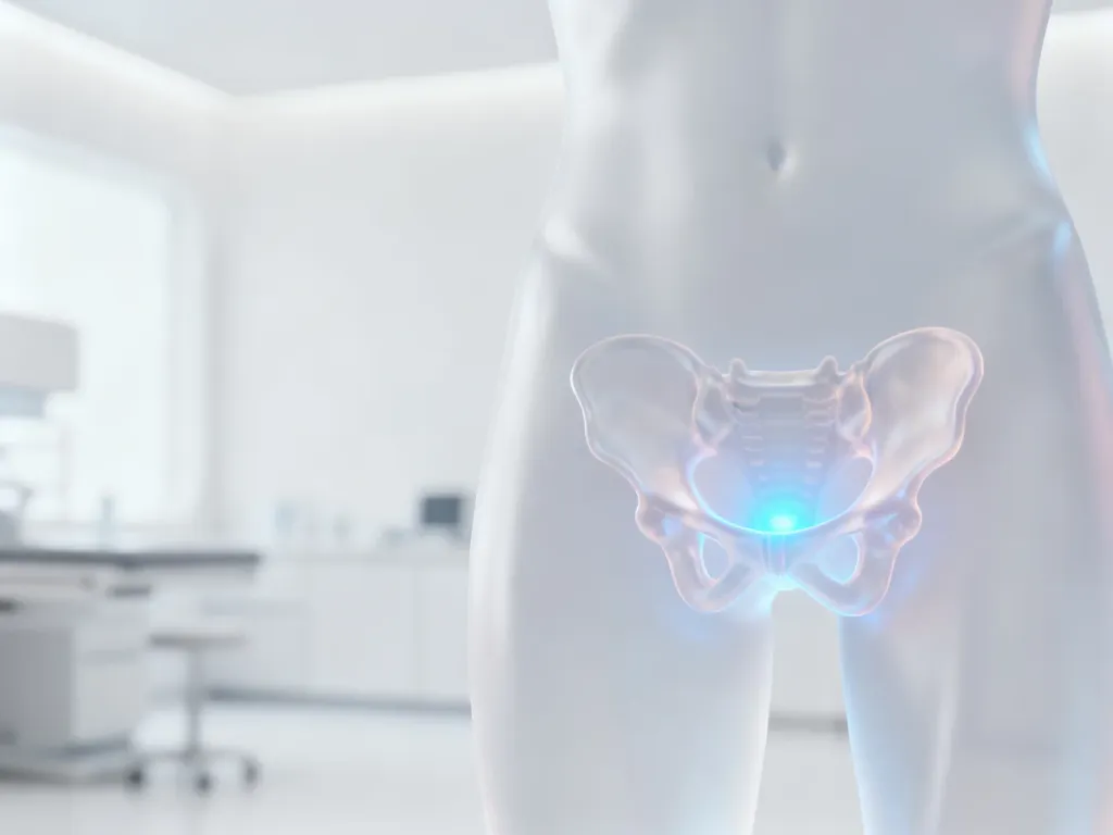 Model anatomiczny miednicy z podświetleniem symbolizującym ból podbrzusza w profesjonalnym, klinicznym otoczeniu.