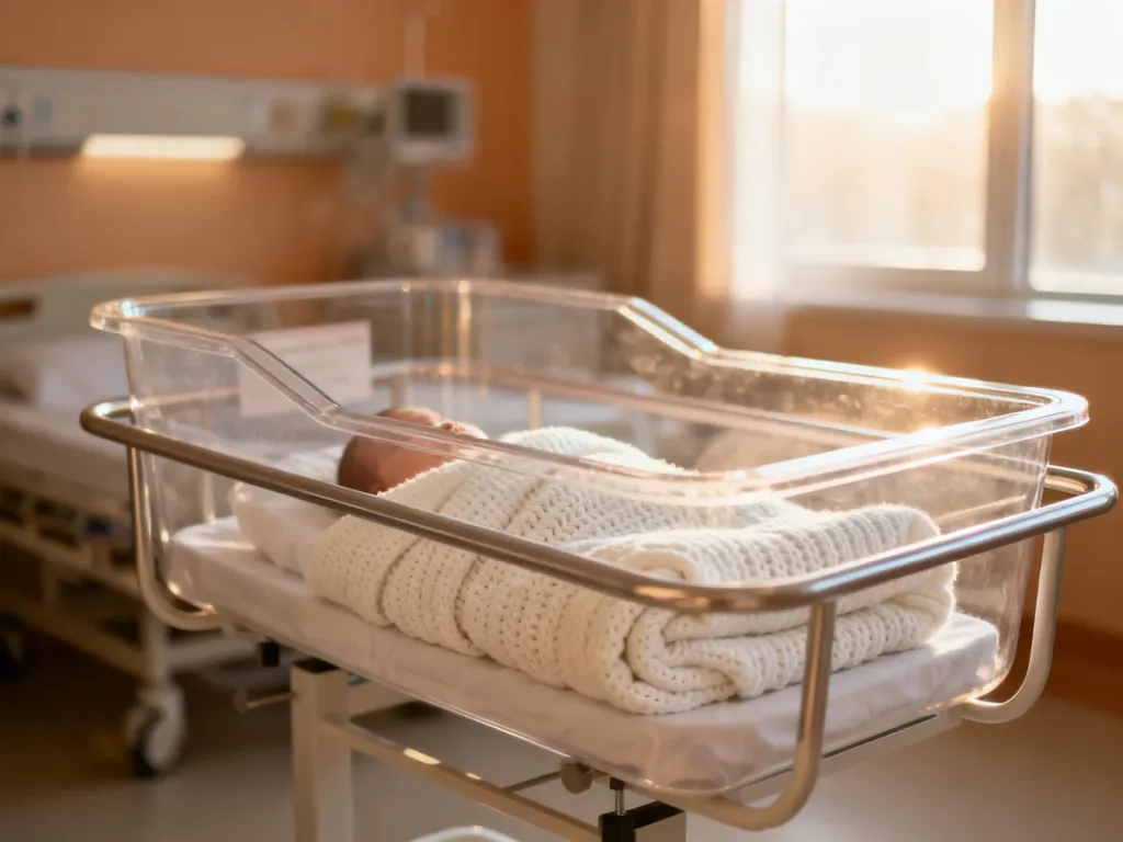 Czyste, nowoczesne łóżeczko szpitalne dla noworodka z miękkim kocykiem w przytulnej, spokojnej sali.