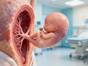 Dłonie trzymające miękki kocyk dziecięcy na szpitalnym łóżku, symbolizujące opiekę nad noworodkiem w bezpiecznym otoczeniu.