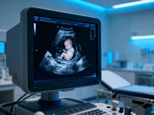 Zbliżenie na zaokrąglony brzuch ciężarnej kobiety w jasnym, przytulnym pokoju dziecięcym w świetle poranka.
