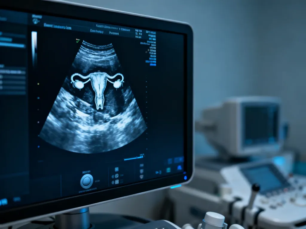 Obraz USG macicy na monitorze diagnostycznym, ukazujący szczegółowy przekrój endometrium i tkanek w gabinecie lekarskim.