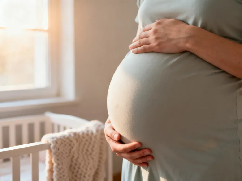 Dłonie delikatnie obejmujące zaokrąglony ciążowy brzuch w przytulnym, jasnym wnętrzu.