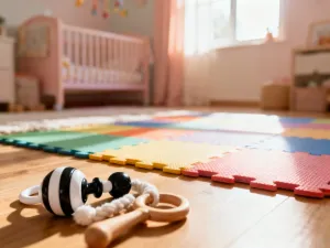 Szklana waga na drewnianym blacie symbolizująca równowagę hormonalną w nowoczesnym wnętrzu kliniki zdrowia.