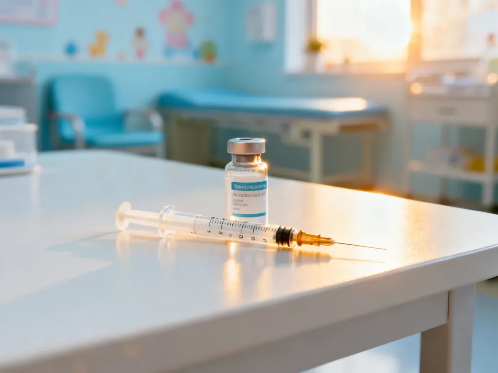 Sterylna strzykawka z fiolką szczepionki na tle jasnego gabinetu pediatrycznego, symbolizująca bezpieczeństwo i zdrowie.