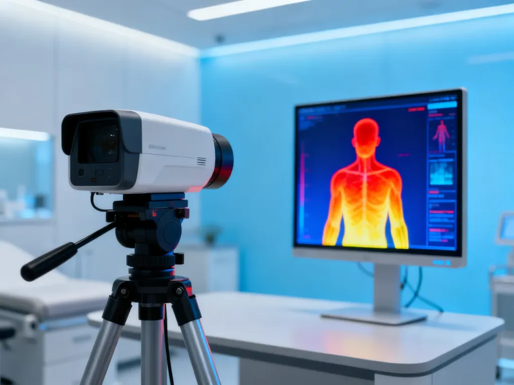 Profesjonalna kamera termowizyjna skierowana na ekran wyświetlający mapę ciepła ludzkiego ciała w gabinecie diagnostycznym.