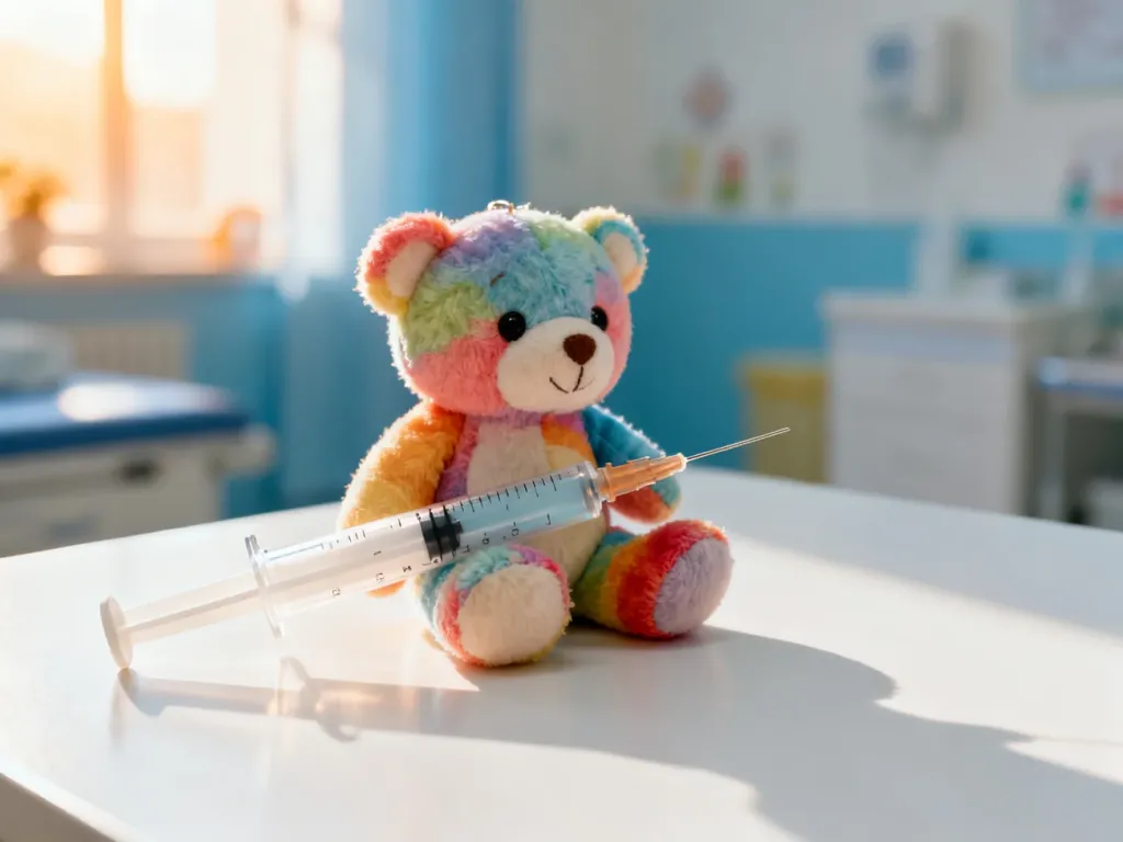 Sterylna strzykawka obok pluszowego misia w gabinecie pediatrycznym, symbolizująca bezpieczne szczepienia niemowląt.