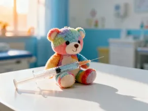 Złożony, miękki kocyk niemowlęcy na drewnianej podłodze w przytulnym pokoju dziecięcym w świetle poranka.