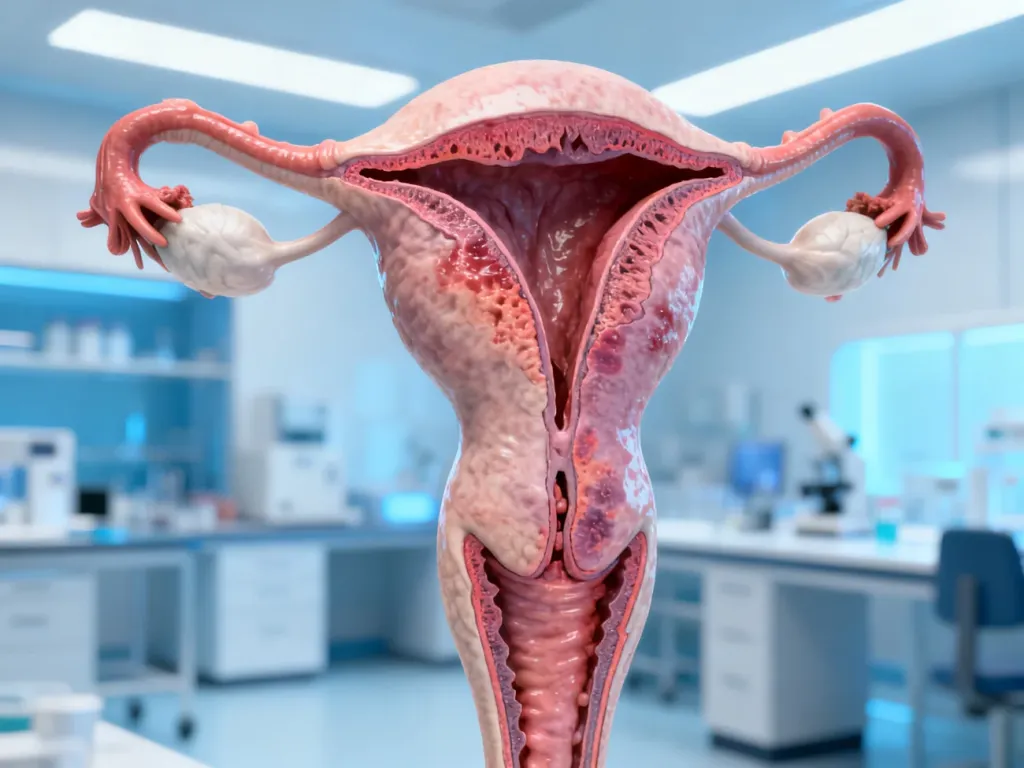 Trójwymiarowa wizualizacja anatomiczna macicy z zaznaczonymi zmianami patologicznymi wewnątrz tkanki.
