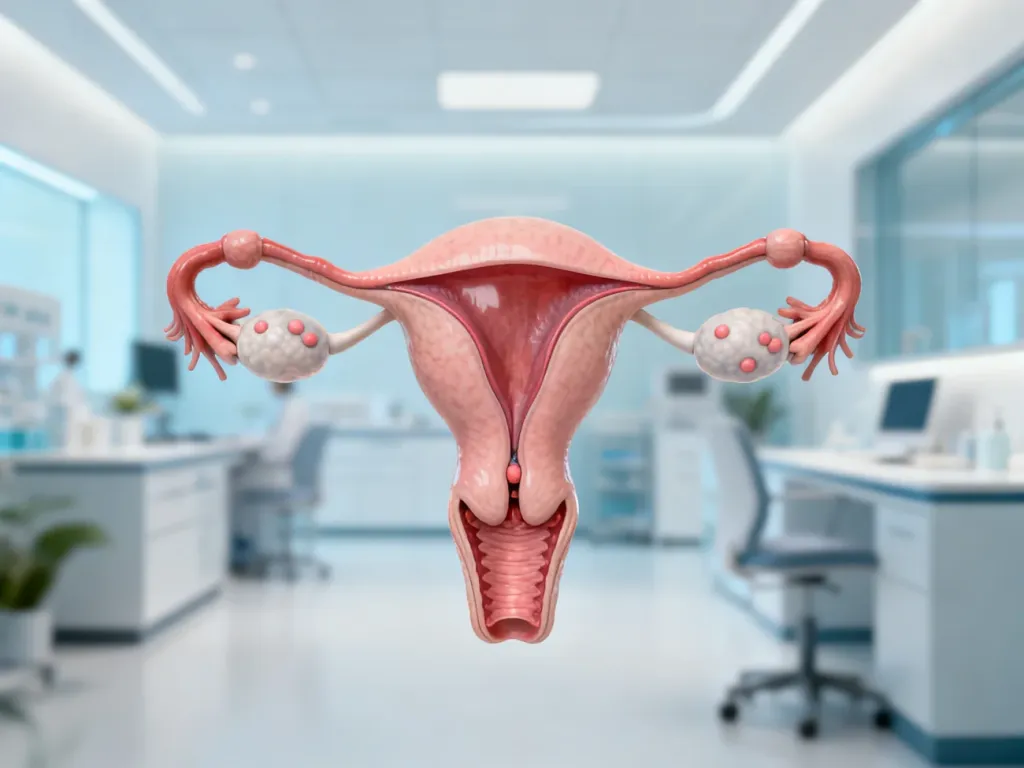 Anatomiczna ilustracja macicy z widocznymi zmianami w postaci mięśniaków, utrzymana w profesjonalnej, medycznej stylistyce.
