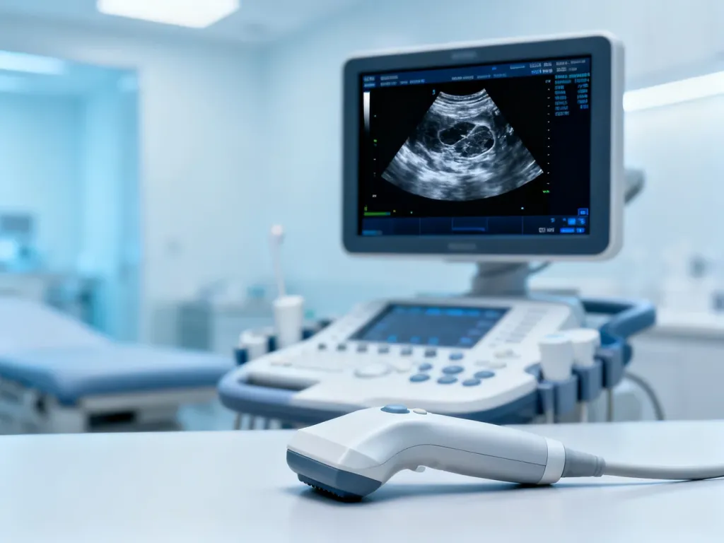 Ekran aparatu USG z widocznym obrazem tkanek oraz głowica diagnostyczna w gabinecie lekarskim.