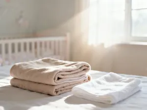 Miękki, pastelowy kocyk dziecięcy starannie złożony na drewnianym fotelu w przytulnym, słonecznym pokoju dziecięcym.