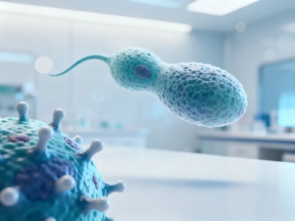 Trójwymiarowy model mikroskopowego pasożyta Toxoplasma gondii na sterylnym, medycznym tle.