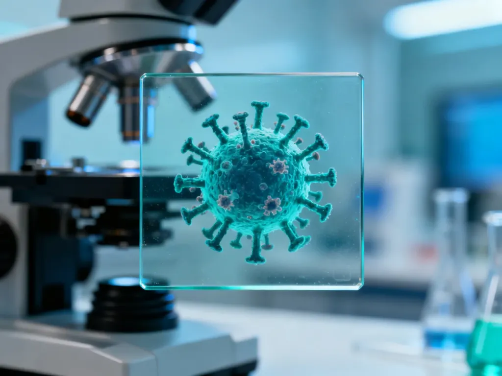 Mikroskopowe zbliżenie na próbkę biologiczną w laboratorium, obrazujące strukturę wirusa w sterylnym otoczeniu.
