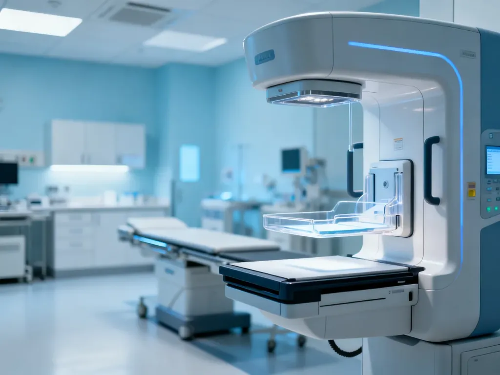 Nowoczesny aparat do mammografii w sterylnym gabinecie diagnostycznym, gotowy do badania piersi.