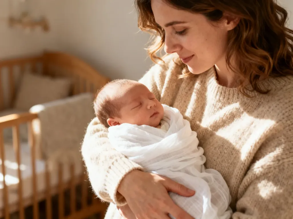 Mama w przytulnym pokoju delikatnie trzyma noworodka owiniętego w biały kocyk, tworząc spokojną atmosferę karmienia.