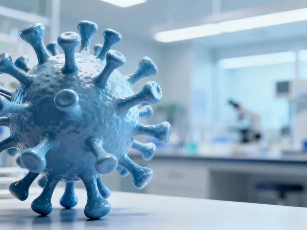 Stylizowany model wirusa w sterylnym, laboratoryjnym otoczeniu, symbolizujący biologię komórkową i profilaktykę zdrowotną.