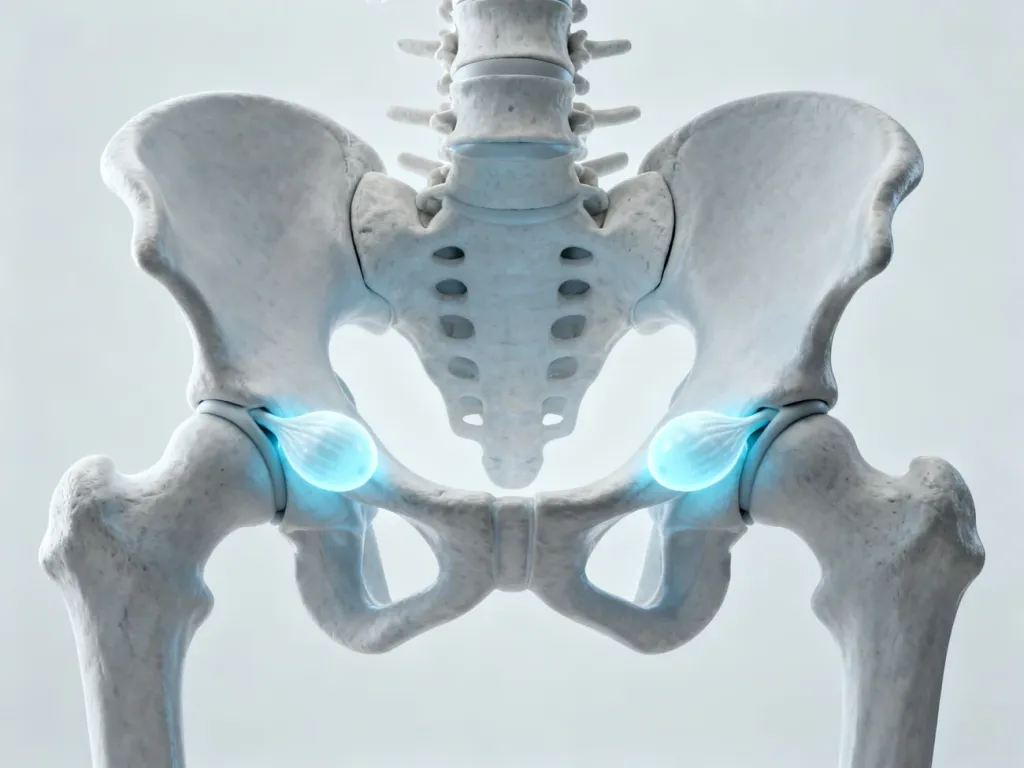 Anatomiczny model 3D żeńskiego układu rozrodczego z zaznaczonymi na niebiesko jajnikami w obrębie miednicy.