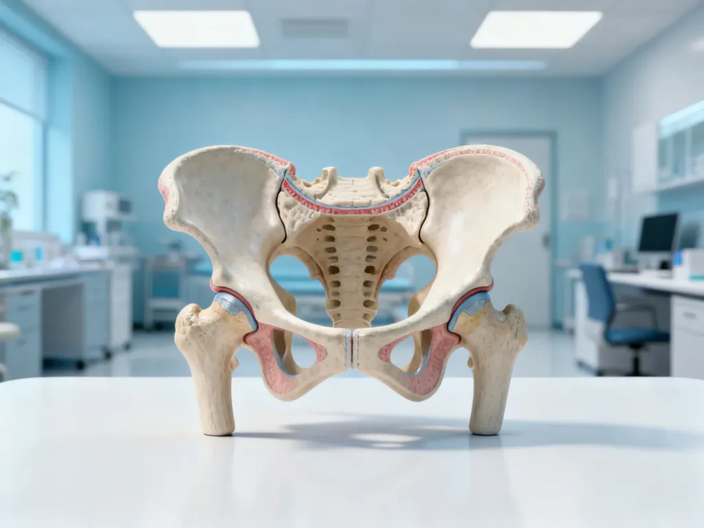 Anatomiczny model żeńskiego układu rozrodczego w przekroju, przedstawiony w profesjonalnym, medycznym stylu.