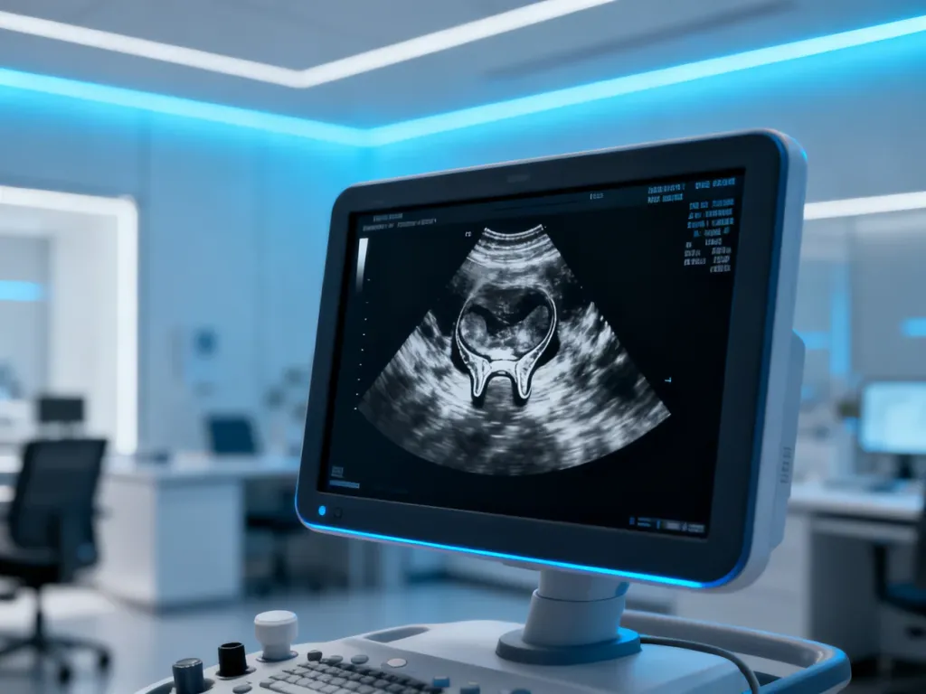 Obraz USG miednicy mniejszej wyświetlony na monitorze w nowoczesnym gabinecie lekarskim.